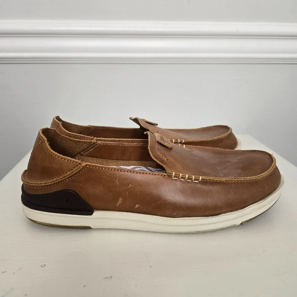 OluKai Mens Kakaha Leather Slip On Loafers Size 8.5 Brown Comfort Coastal Beach